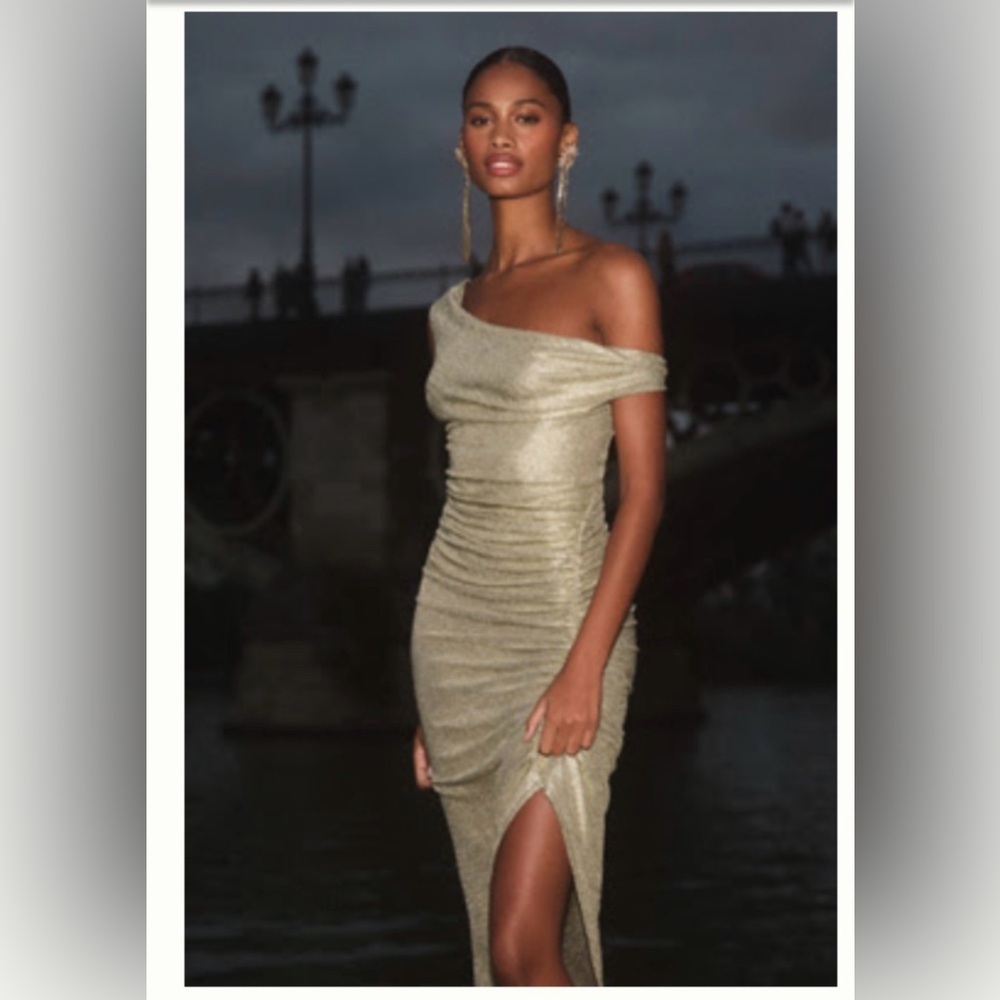 Anthropologie One Shoulder Gold Dress
